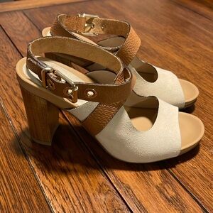Pedro Miralles Cream Tan Brown Strappy Heel Sandals Ankle Strap size 37 leather